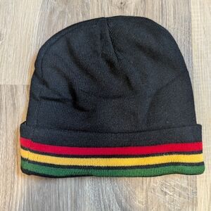 Grassroots Black Beanie with Red, Yellow, and Green Stripes